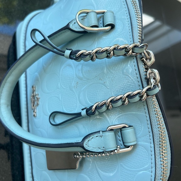 COACH MINI SIERRA SATCHEL IN SIGNATURE DEBOSSED PATENT LEATHER F55450 SV/AQUA - Picture 6 of 14